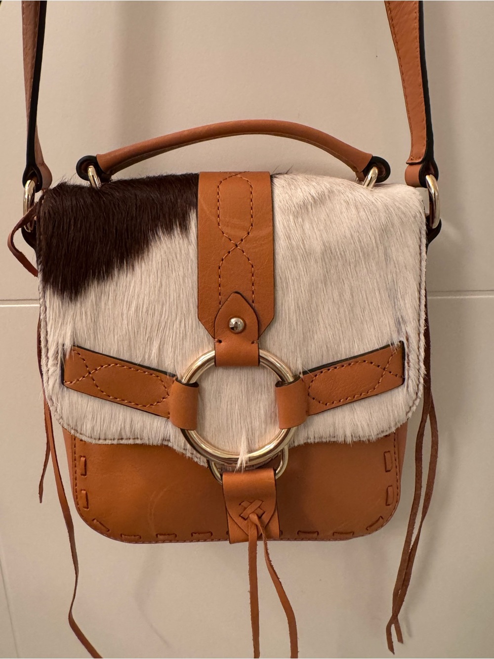 Rebecca Minkoff Calf Hair Leather Crossbody Bag Tan Brown Western